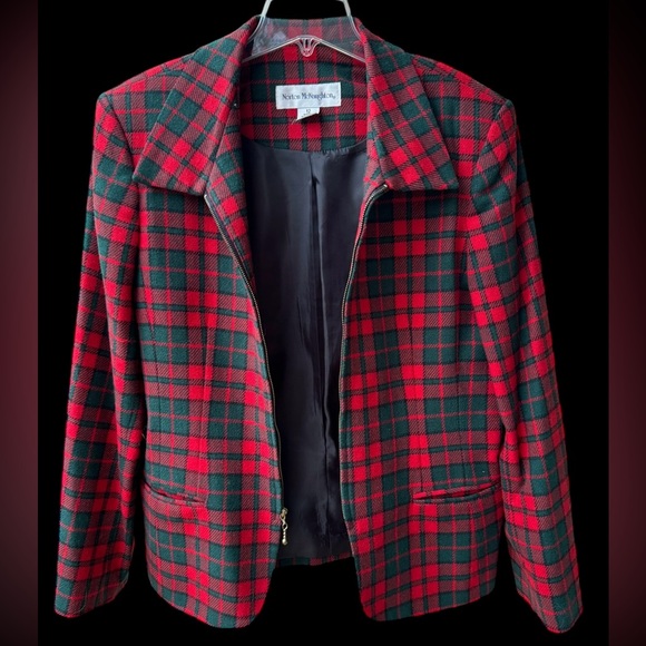 Classic Tartan Plaid Lined Wool Zip Up Blazer, Red, Green, Christmas, Vintage - Picture 3 of 6
